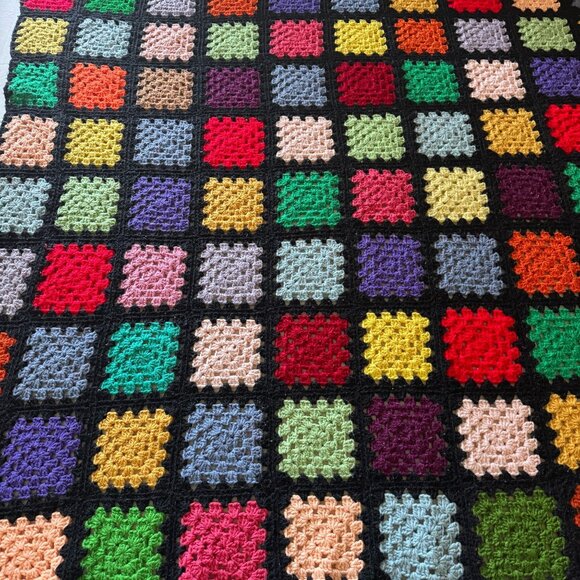 Handmade Multicolor Crochet Granny Square Blanket Throw 56" X 69" Black Border - Picture 4 of 14